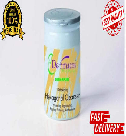 Dermacos detoxifying hexagonal cleanser bottle with branding and quality assurance badges on a white background